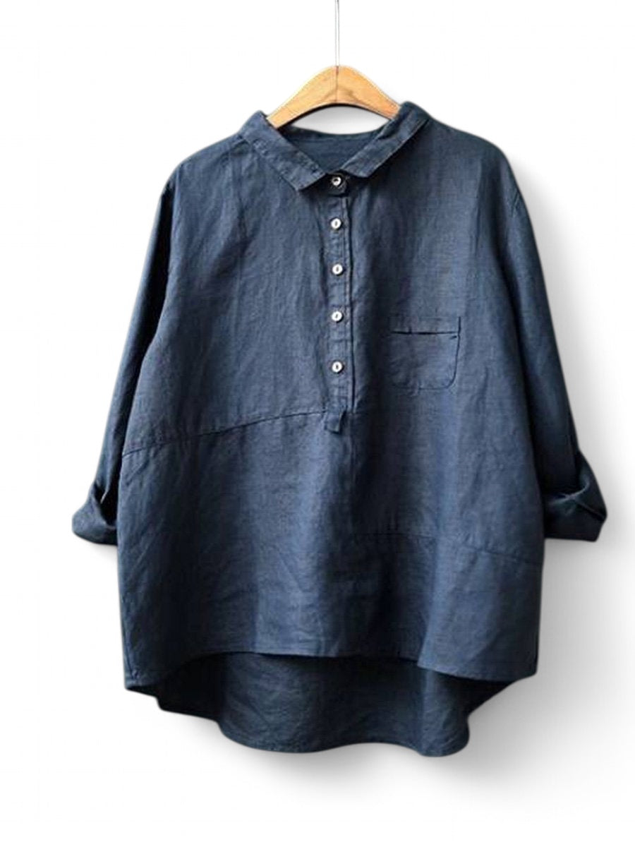 Cotton Linen Lapel Shirt Solid Color Long Sleeve Casual - Sophia