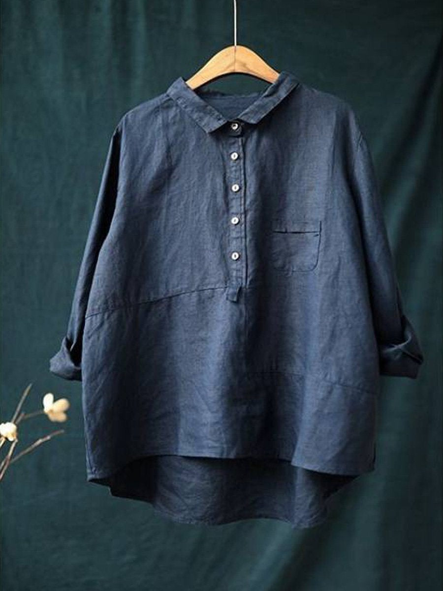 Cotton Linen Lapel Shirt Solid Color Long Sleeve Casual - Sophia