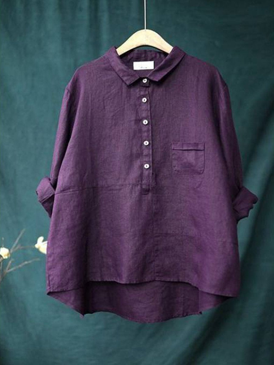Cotton Linen Lapel Shirt Solid Color Long Sleeve Casual - Sophia