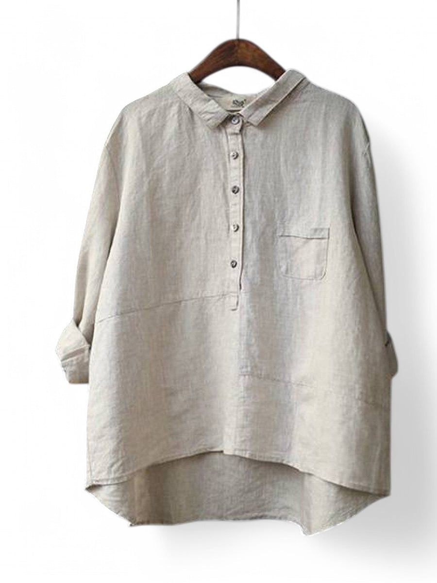 Cotton Linen Lapel Shirt Solid Color Long Sleeve Casual - Sophia