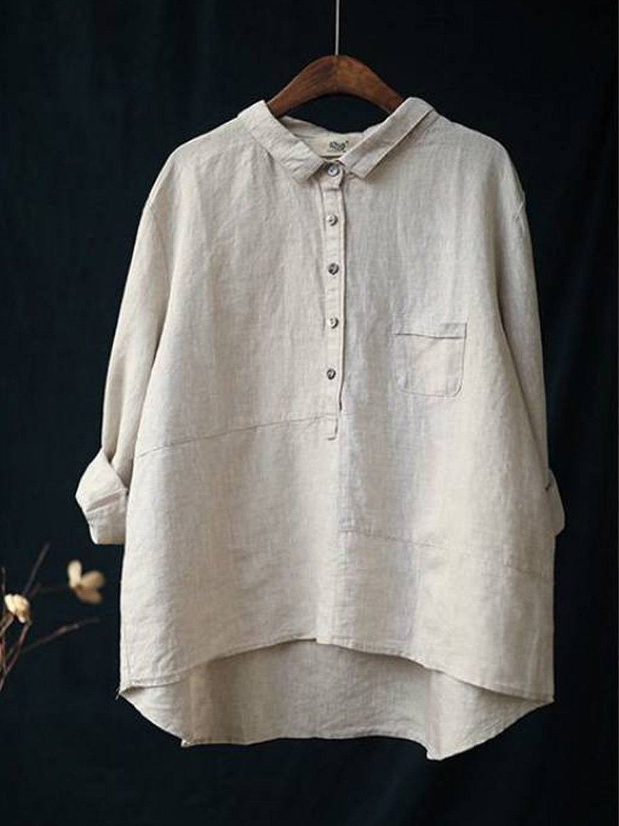 Cotton Linen Lapel Shirt Solid Color Long Sleeve Casual - Sophia