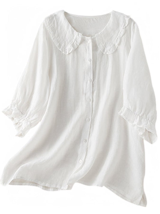 Cotton Linen Ruffle Blouse Peter Pan Neck Loose Fit Shirt Emma