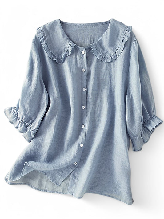Cotton Linen Ruffle Blouse Peter Pan Neck Loose Fit Shirt Emma