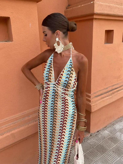 Elegant Deep V-Neck Halter Summer Dress for Women - Grace