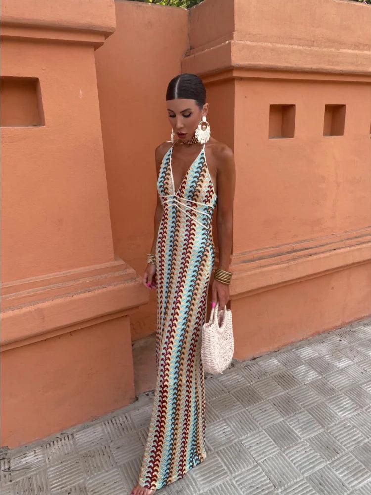 Elegant Deep V-Neck Halter Summer Dress for Women - Grace