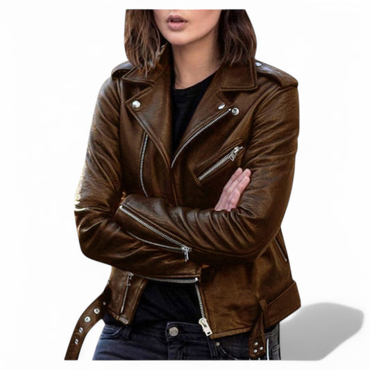 Vintage Women's Leather Jacket with Zipper Closure - Scarlett
