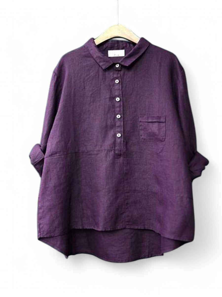 Cotton Linen Lapel Shirt Solid Color Long Sleeve Casual - Sophia