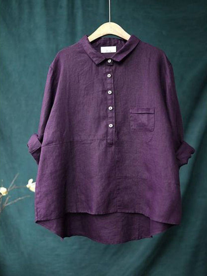 Cotton Linen Lapel Shirt Solid Color Long Sleeve Casual - Sophia