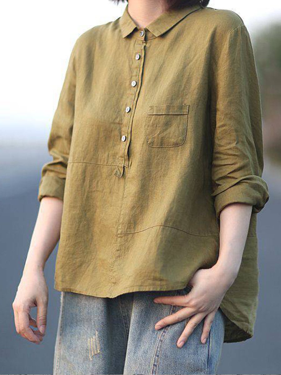 Cotton Linen Lapel Shirt Solid Color Long Sleeve Casual - Sophia