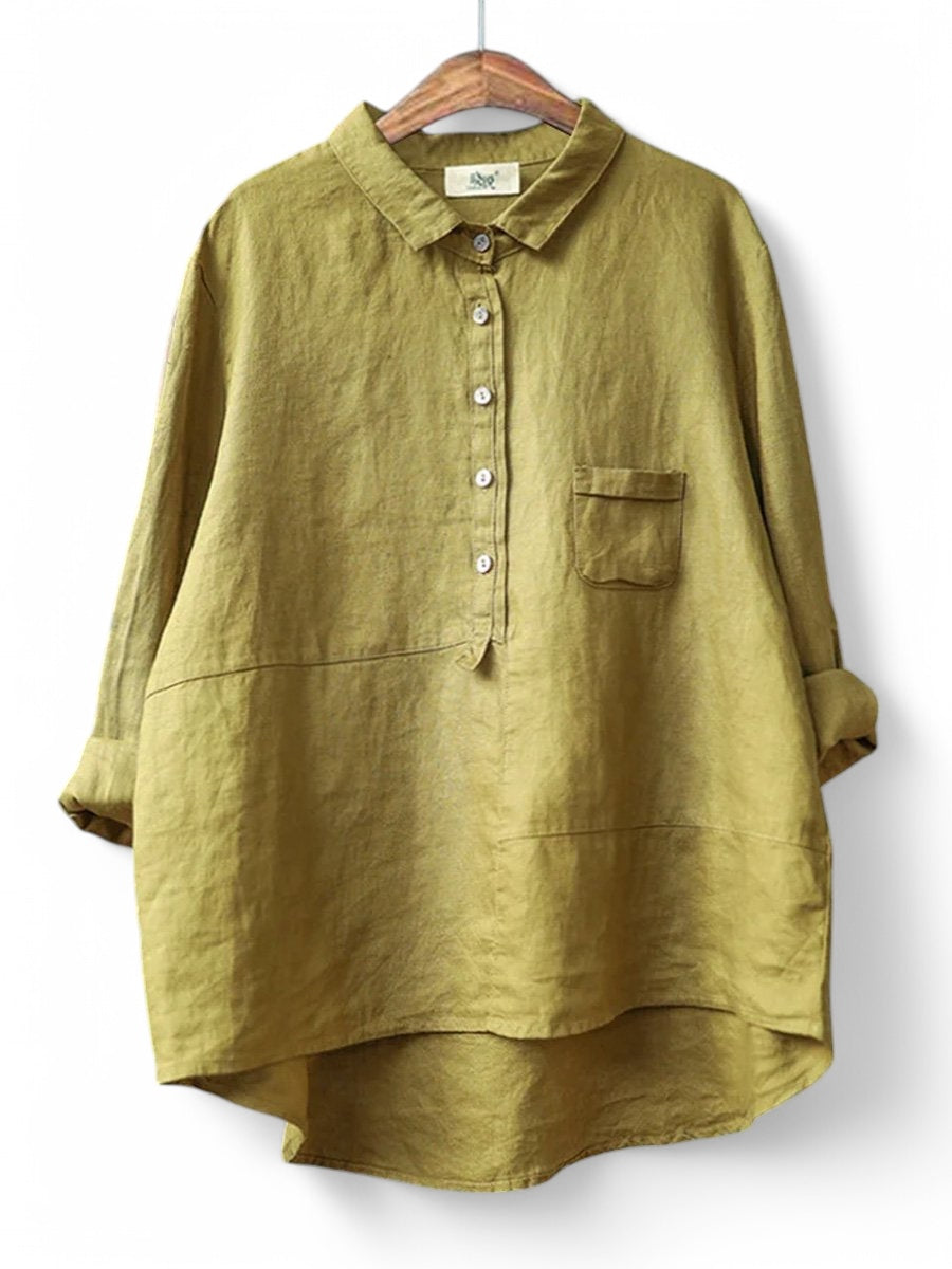 Cotton Linen Lapel Shirt Solid Color Long Sleeve Casual - Sophia