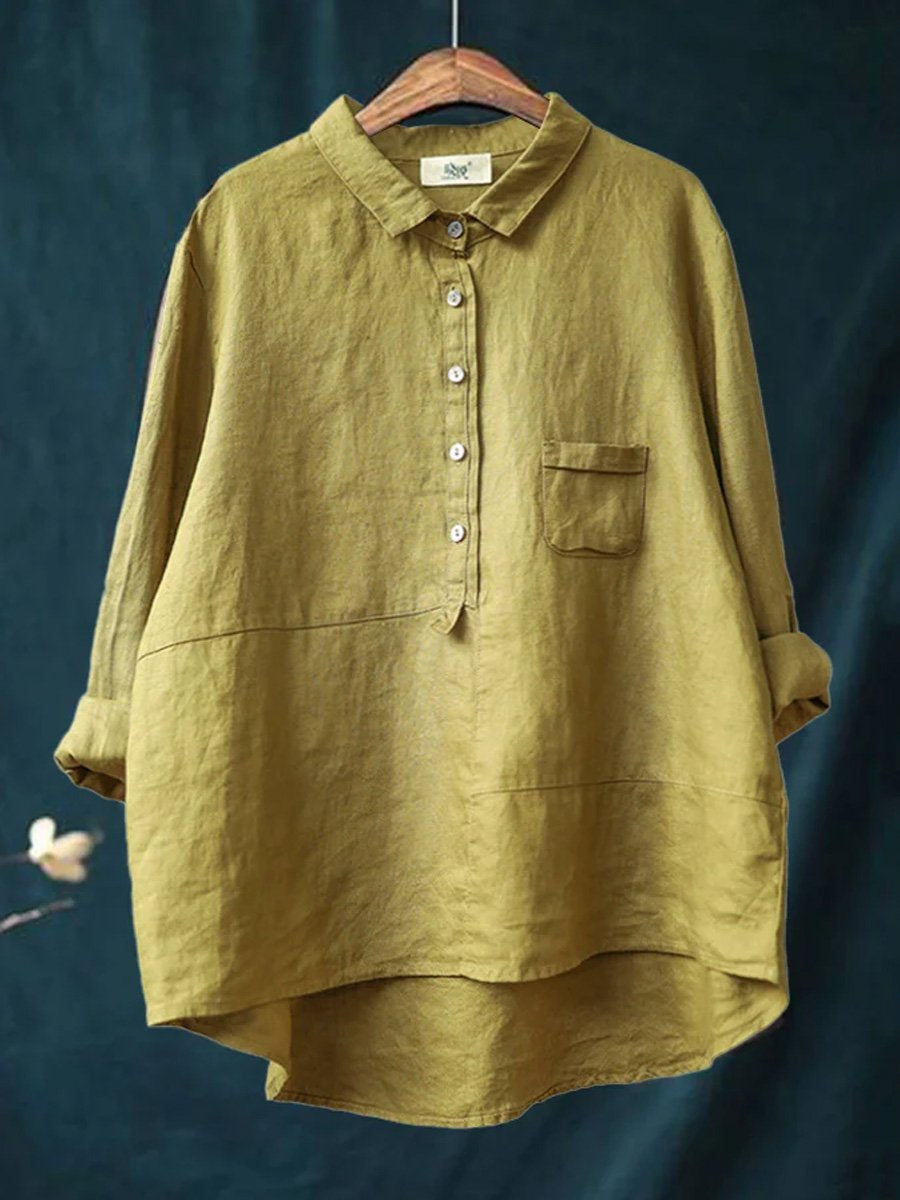 Cotton Linen Lapel Shirt Solid Color Long Sleeve Casual - Sophia