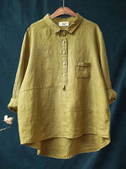 Cotton Linen Lapel Shirt Solid Color Long Sleeve Casual - Sophia