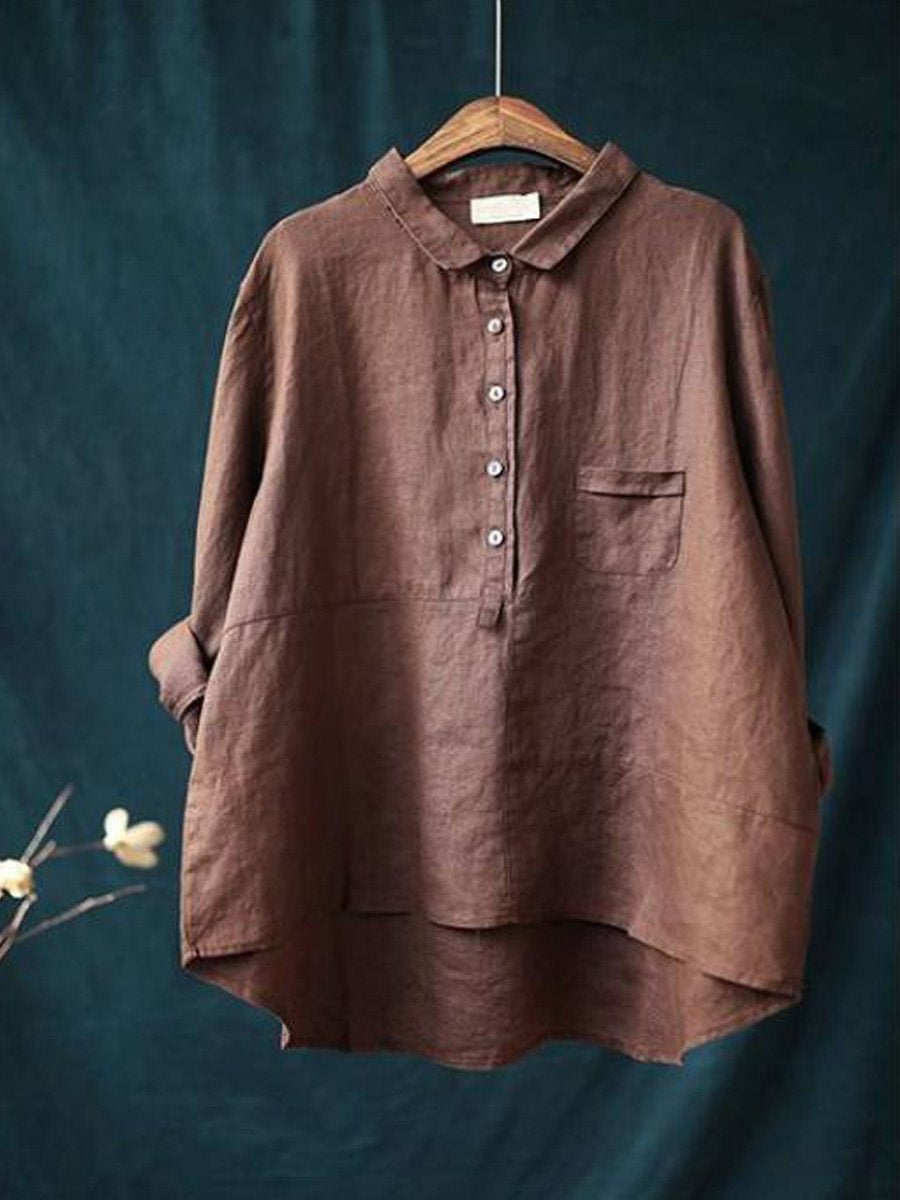 Cotton Linen Lapel Shirt Solid Color Long Sleeve Casual - Sophia